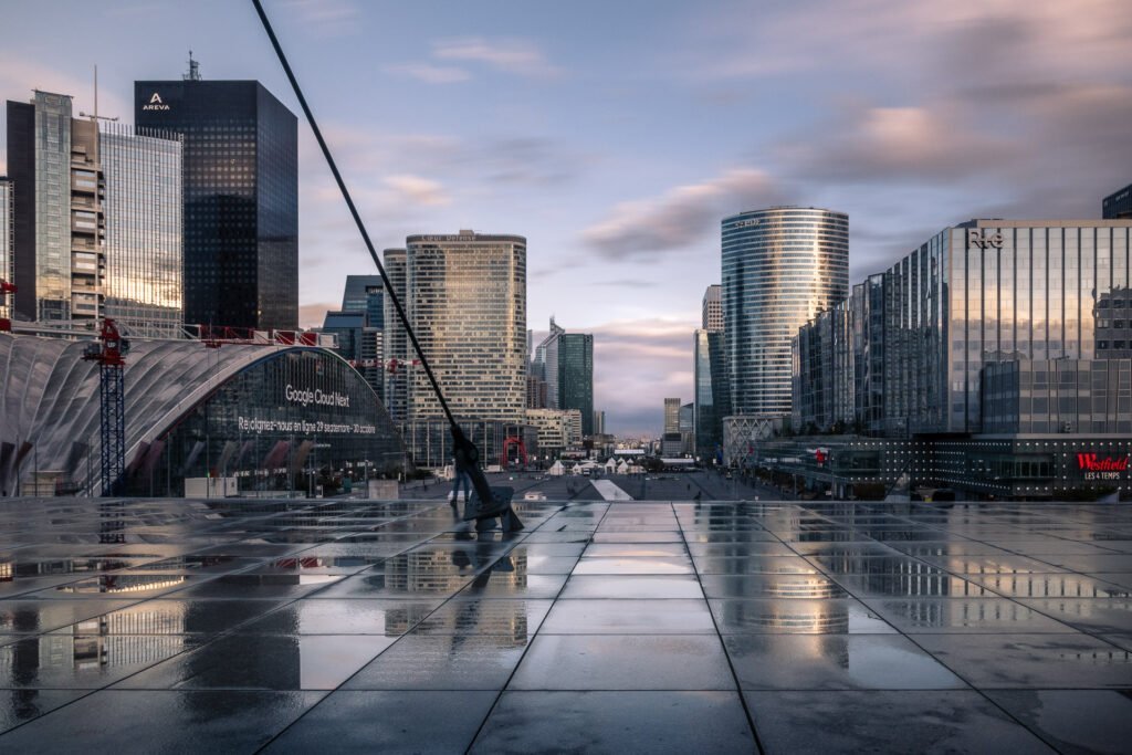 La Defense buildings reflections after the rain