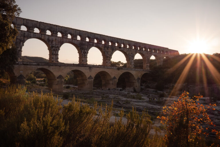 Pont du Gard at sunset.