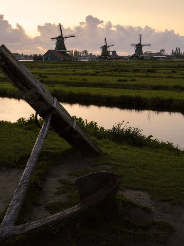Zaanse Schans windmills at sunset, Netherlands.