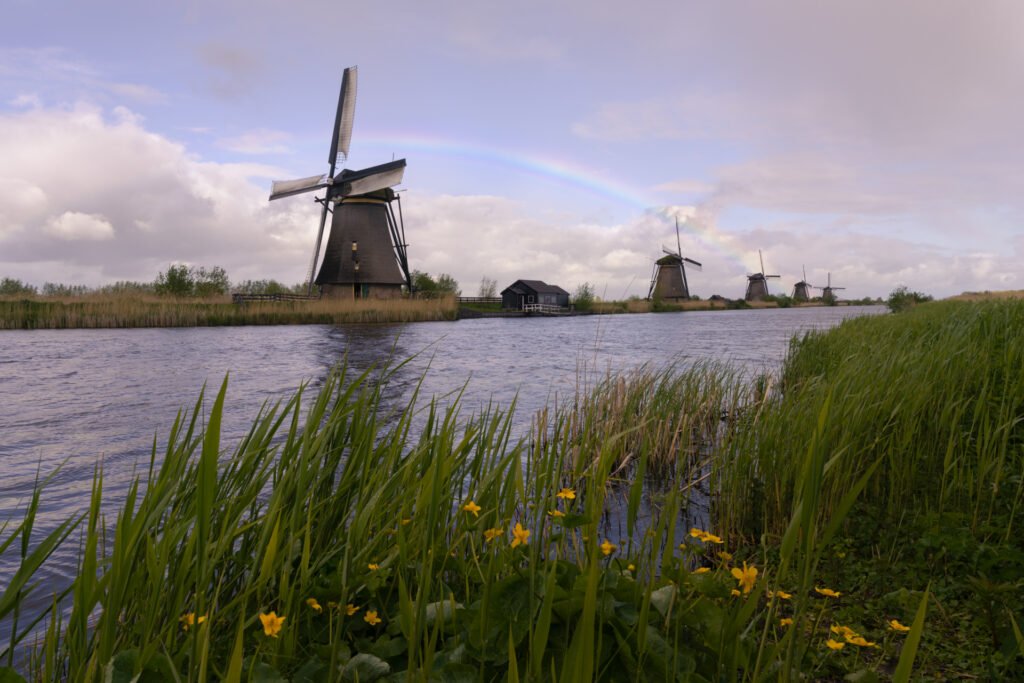 Kinderdijk mills with a rainbow, Netherlands.
