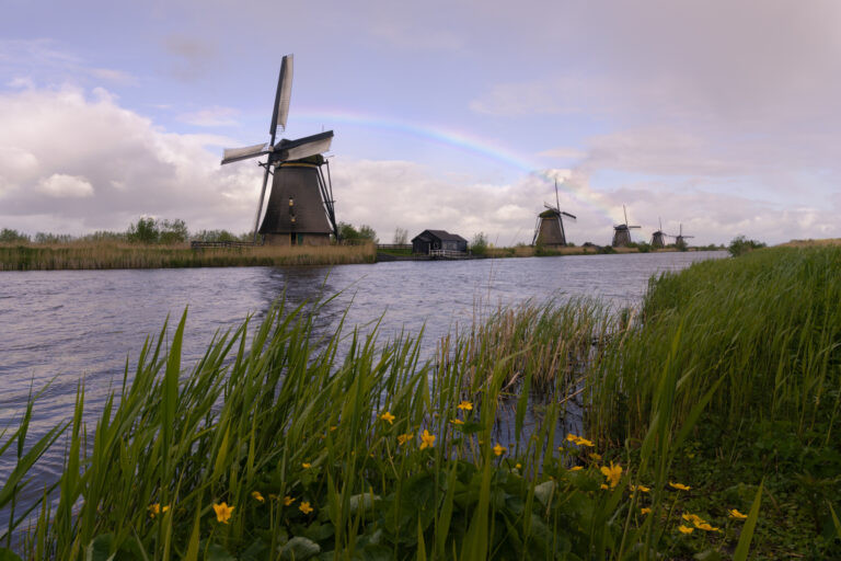 Kinderdijk mills with a rainbow, Netherlands.