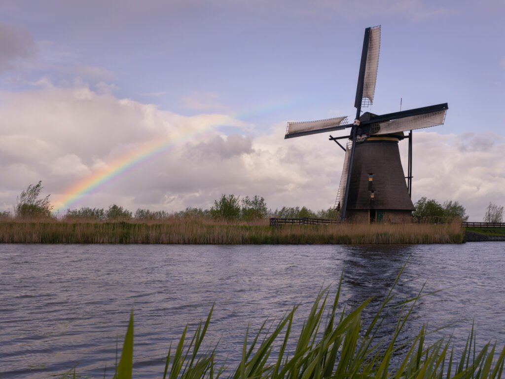 Kinderdijk mills with a rainbow, Netherlands.