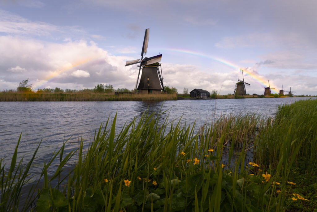 Kinderdijk mills with a rainbow, Netherlands.
