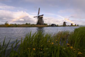 Kinderdijk mills with a rainbow, Netherlands.