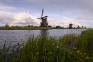 Kinderdijk mills with a rainbow, Netherlands.