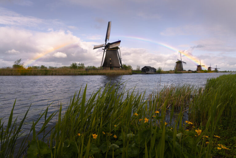 Kinderdijk mills with a rainbow, Netherlands.