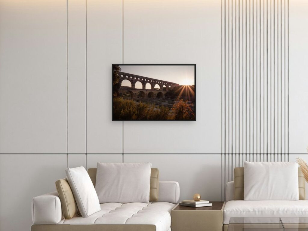 Bridge sunlights in Large (90&nbsp;×&nbsp;60&nbsp;cm), black floater frame, above a sofa (room view)