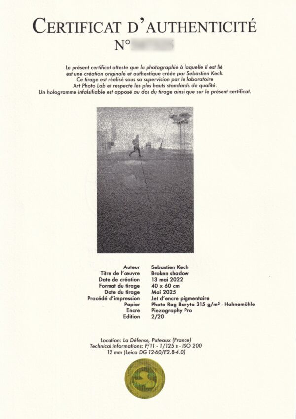 Certificate of authenticity for print 2/20 of Broken shadow, with its hologram; the number is masked.
