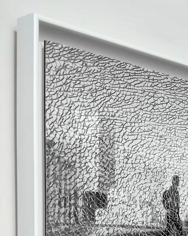 Top corner of the Broken shadow print: the Dibond panel standing clear of the back of its white floater frame.